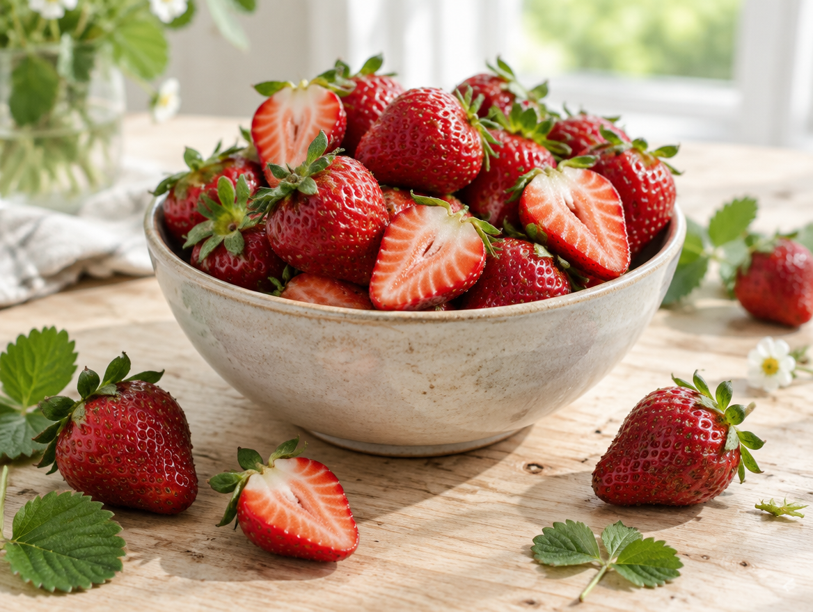 Verse aardbeien, sommige doormidden gesneden