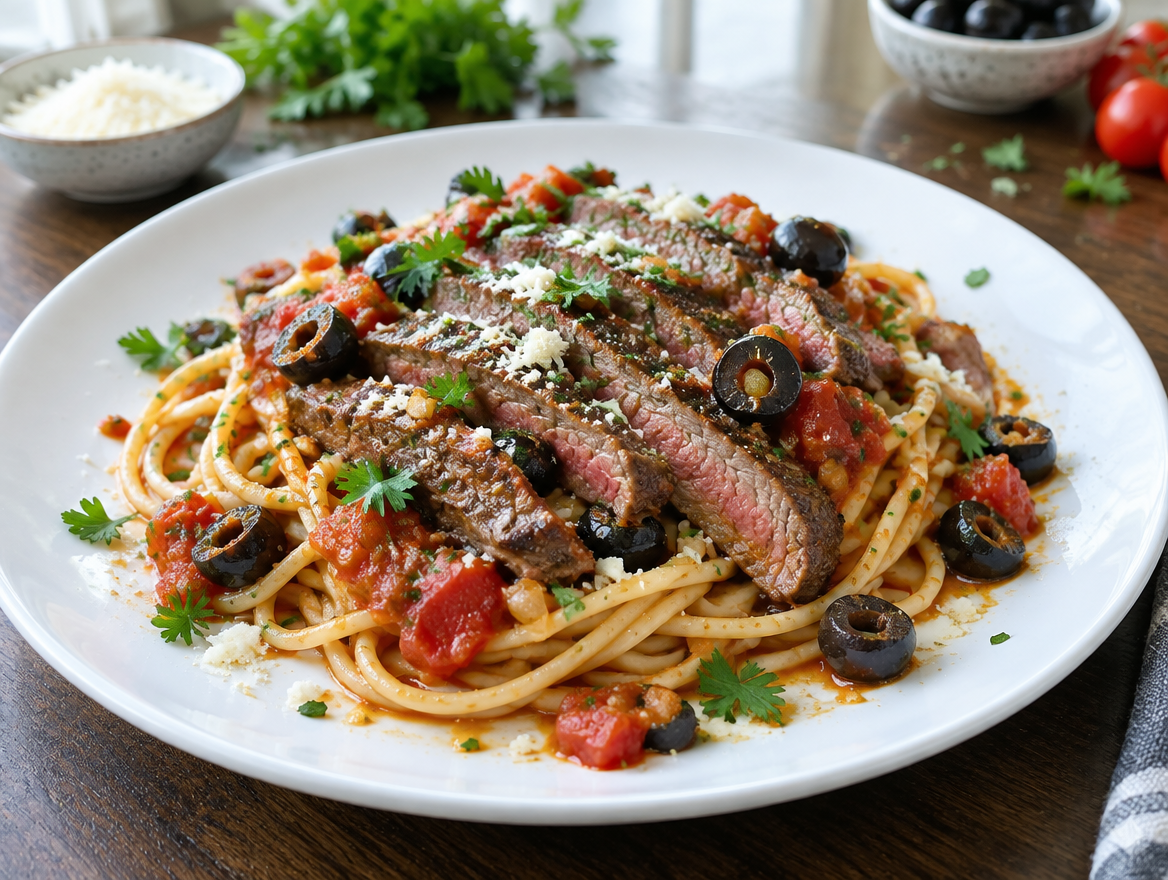 Bieflapjes met spaghetti en pizzaiola-saus