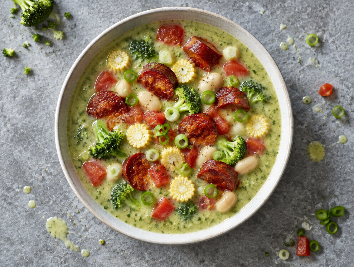 Broccoli-maaltijdsoep met chorizo