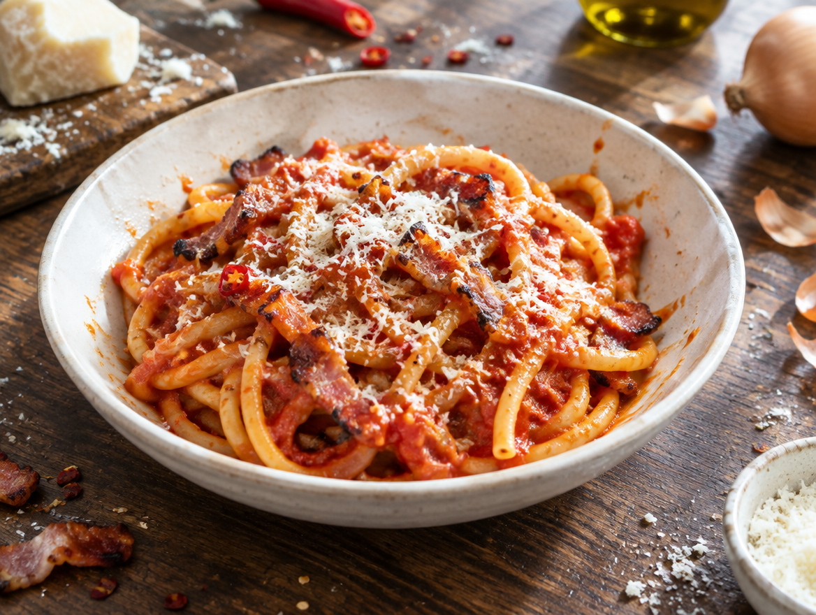 Bucatini amatriciana met bacon, rode peper en pecorino