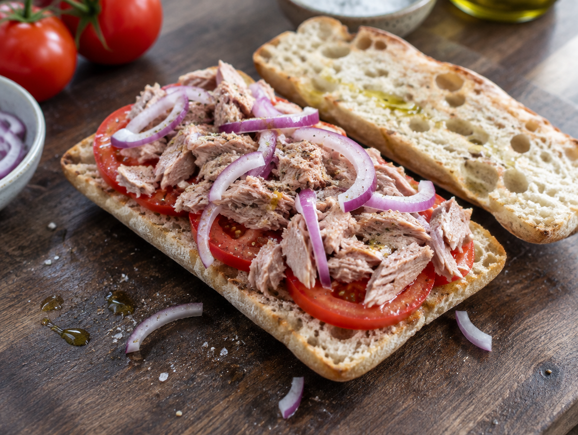 Opengesneden ciabatta met plakjes tomaat, tonijn en uiringen