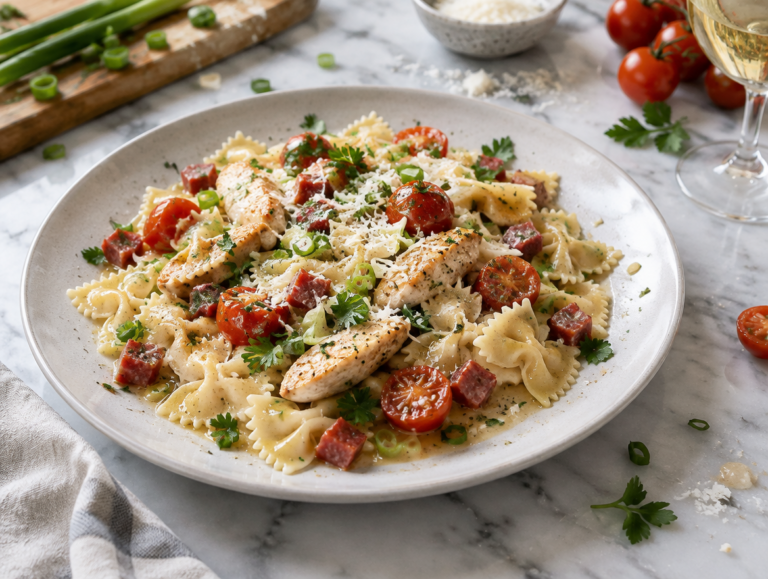 Kipfilet Putanesca met farfalle