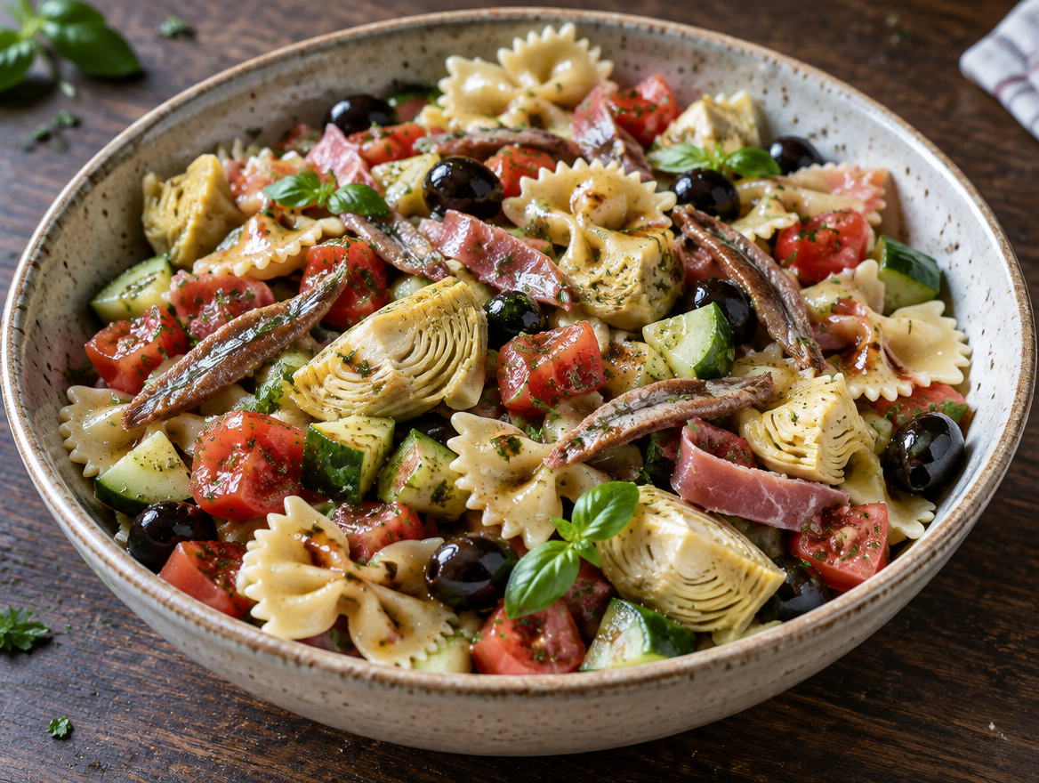 Farfalle salade met rauwe ham, ansjovis en artisjokharten