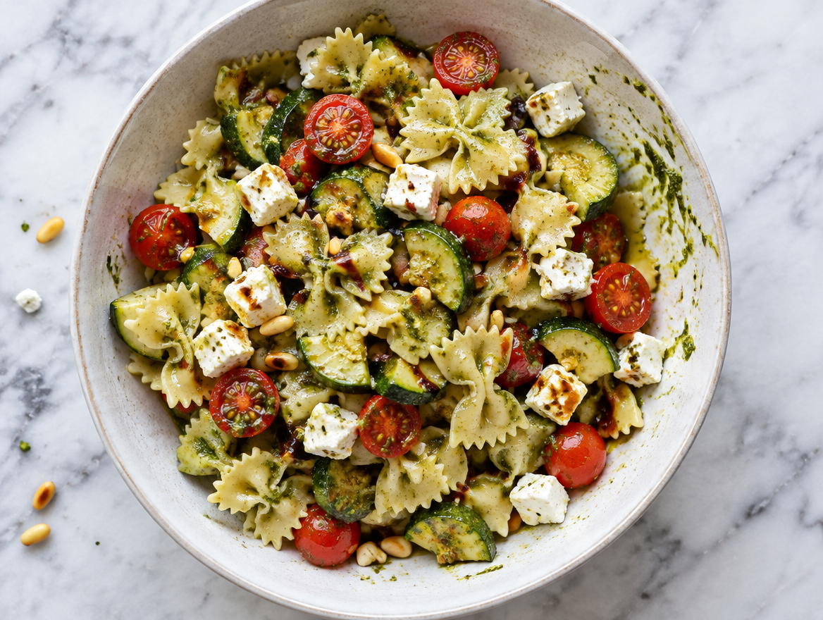 Farfalle salade met pesto en groenten, met feta en pijnboompitten