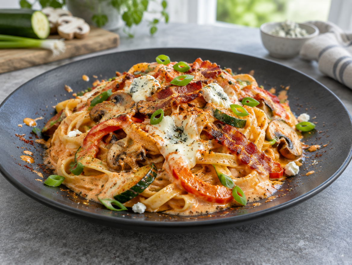 Fettuccine di Rudolfo met spekjes, groenten en kaassaus