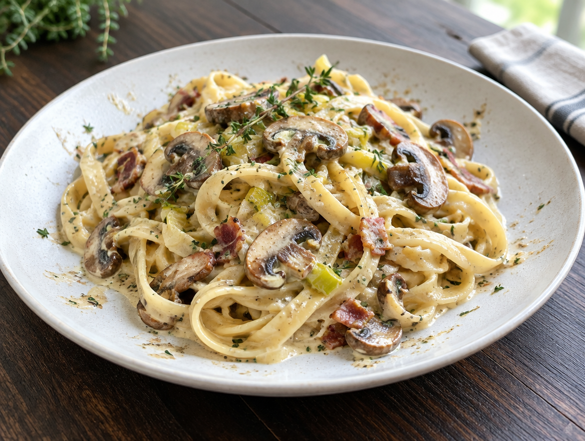 Fettuccine met champignons, prei en ontbijtspek in een romige saus