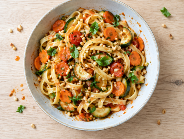 Fettucine primavera met pijnboompitten