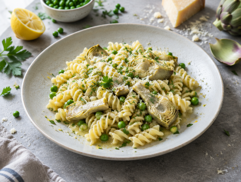 Fusilli met artisjokken en erwtjes