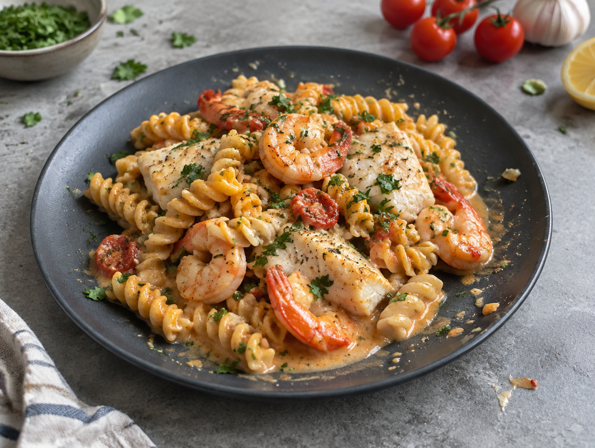 Fusilli met scampi en Victoriabaars