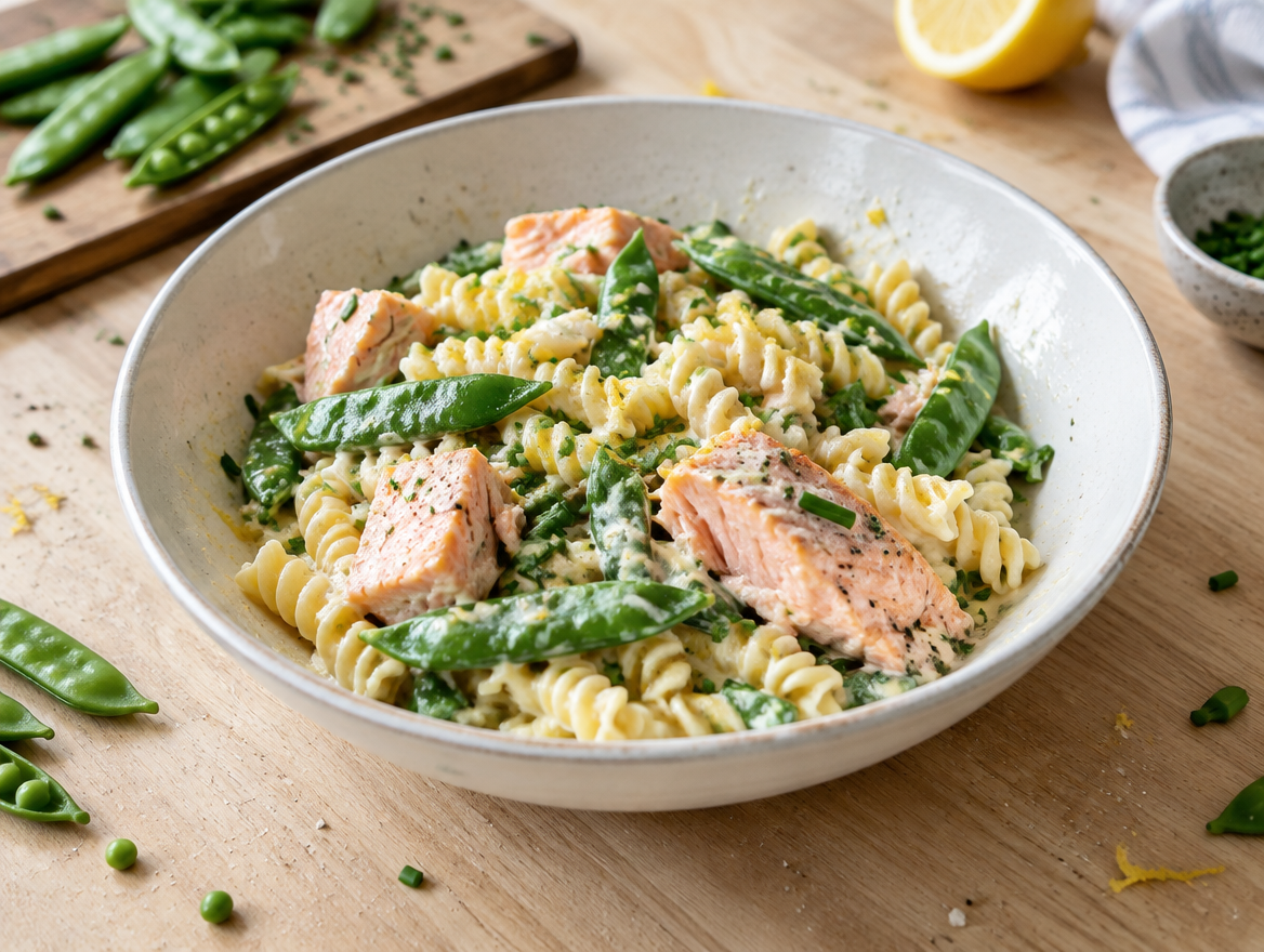 Pasta met zalm en peultjes