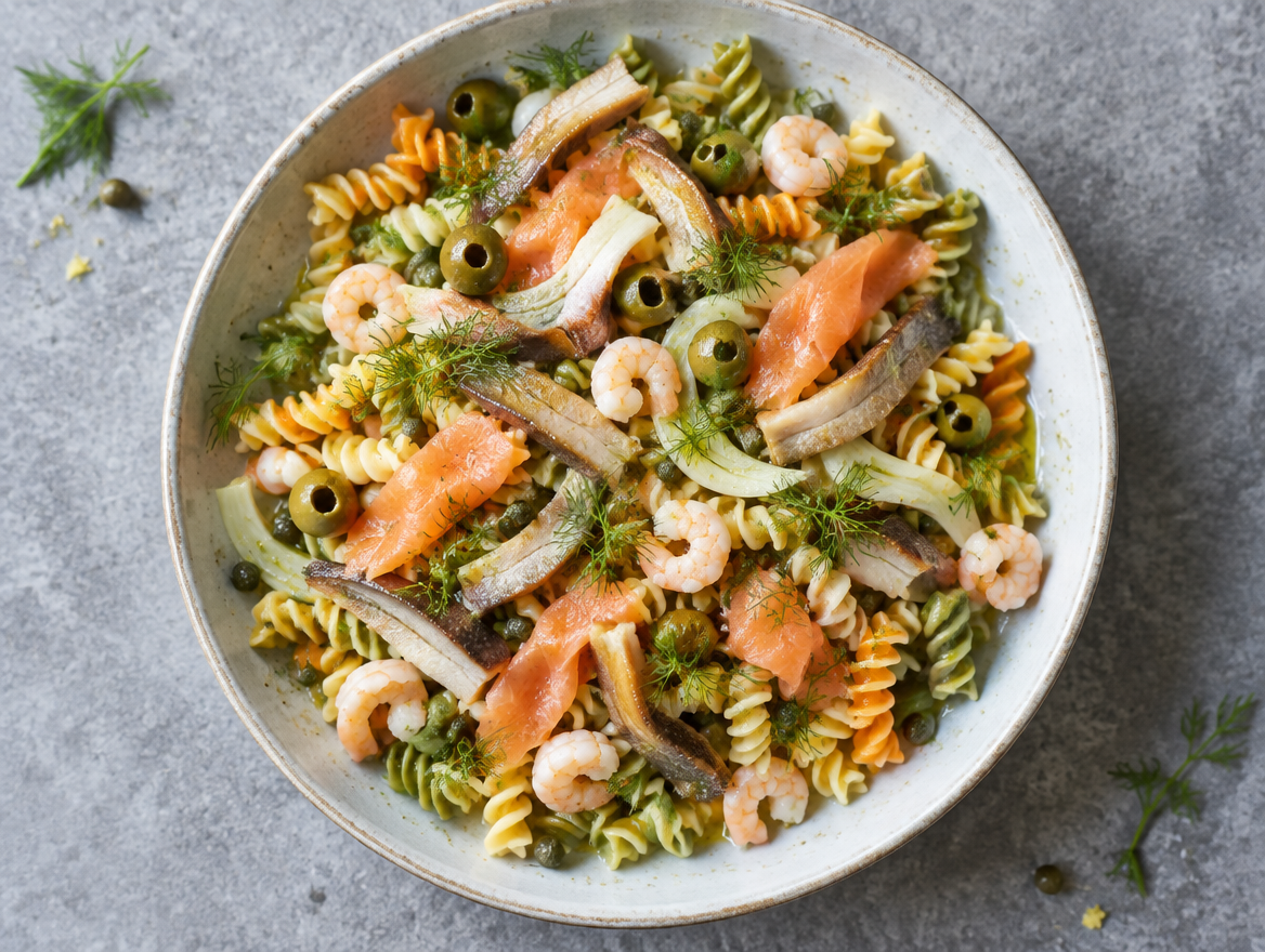 Fusillisalade met garnalen