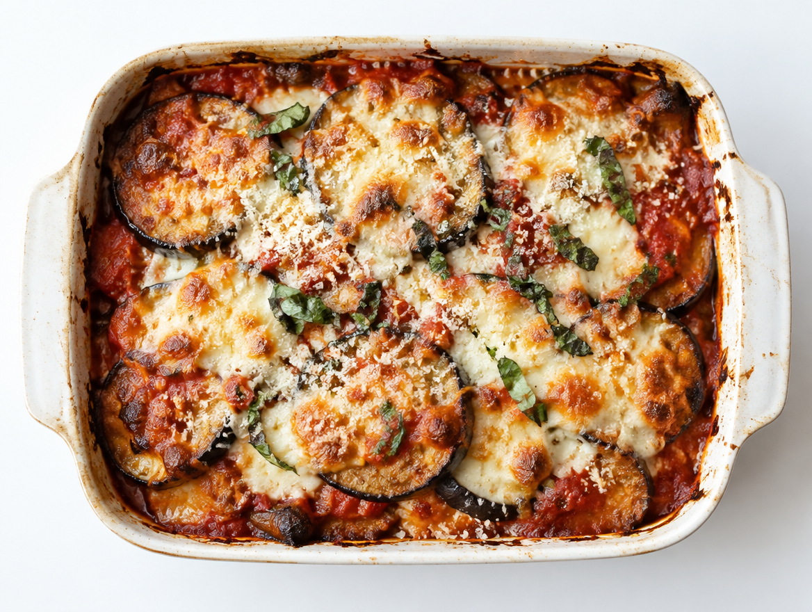 Gegratineerde aubergines met tomatensaus, mozzarella en parmezaan