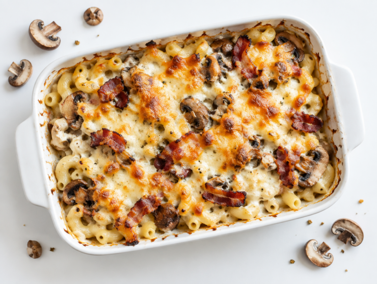 Gegratineerde macaroni met paddestoelen
