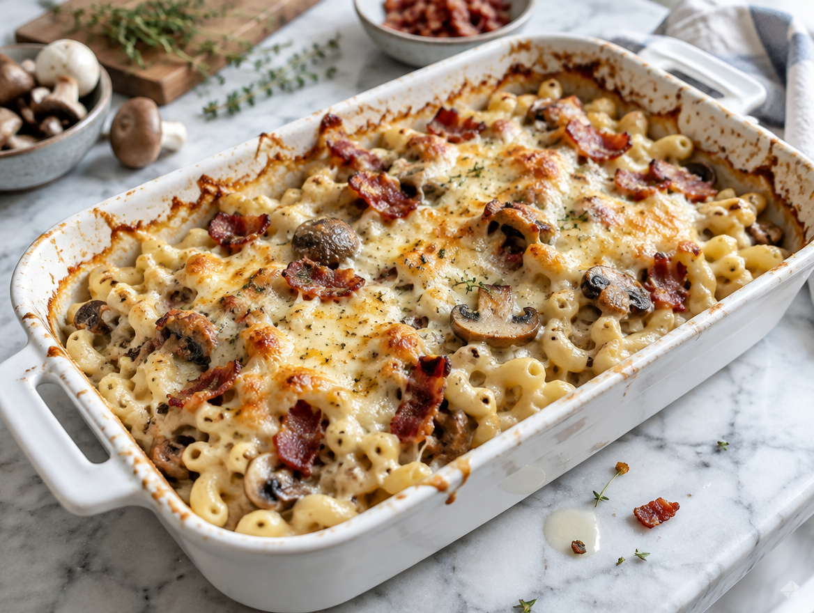 Gegratineerde macaroni met paddenstoelen