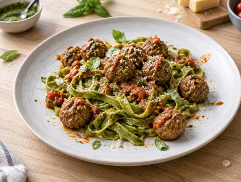 Italiaanse gehaktballetjes met tomaten-pesto saus
