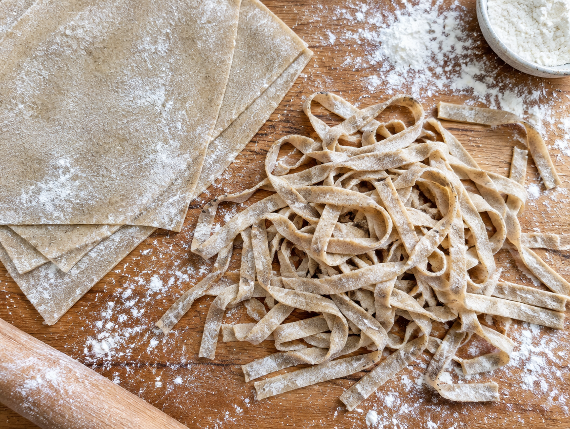 Zelfgemaakte glutenvrije pasta met rijst- en boekweitmeel