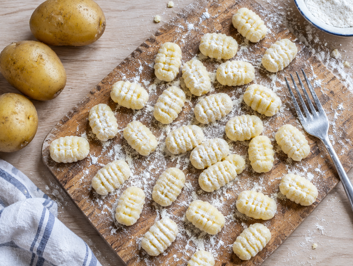 Verse aardappelgnocchi maken op een houten plank