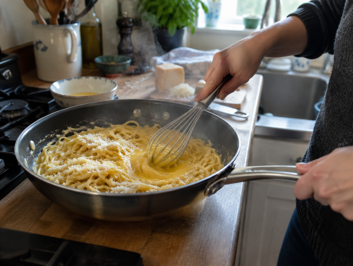 Bind carbonara-achtige sauzen van het vuur af