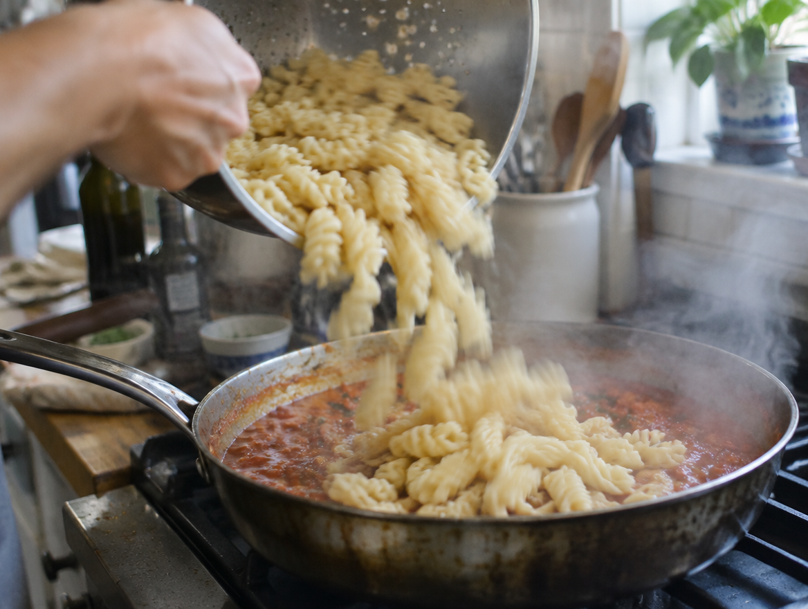 Meng de pasta in de pan met de saus