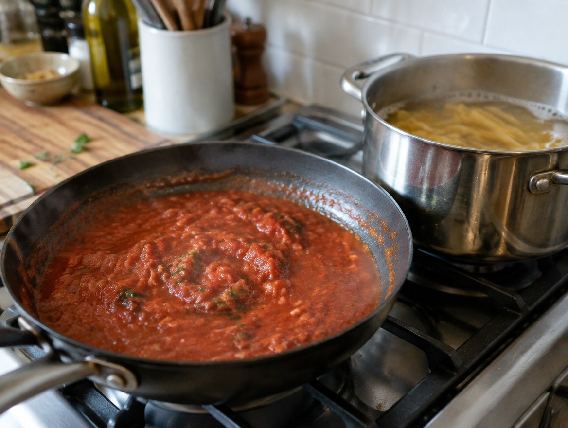 Zet de saus klaar voordat de pasta gaar is
