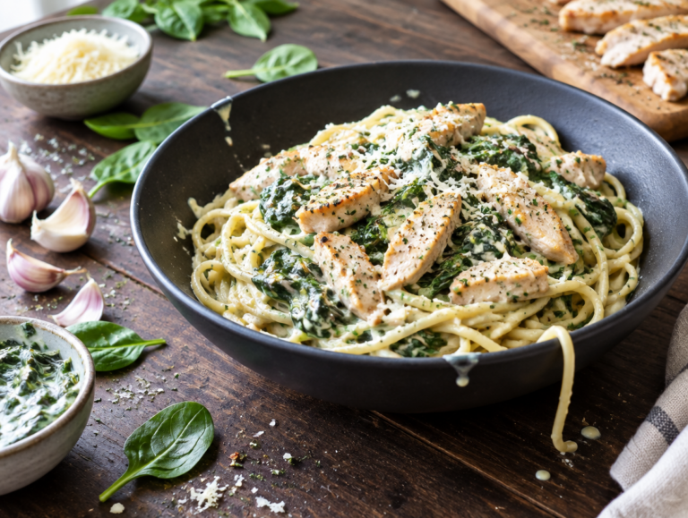 Spaghetti met kipfilet en spinazie