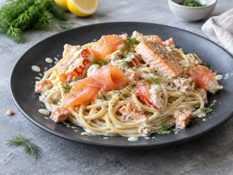 Spaghetti met zalm en kreeft
