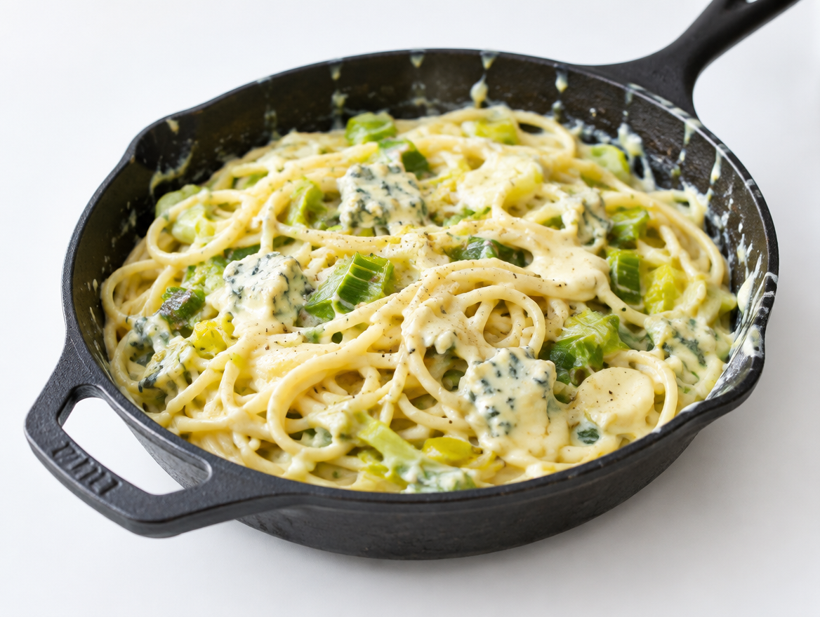 spaghetti met prei en gorgonzola in romige saus