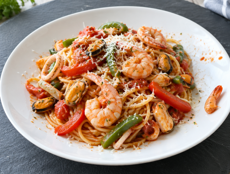 Spaghetti met Garnalen, Zeevruchten en Paprika
