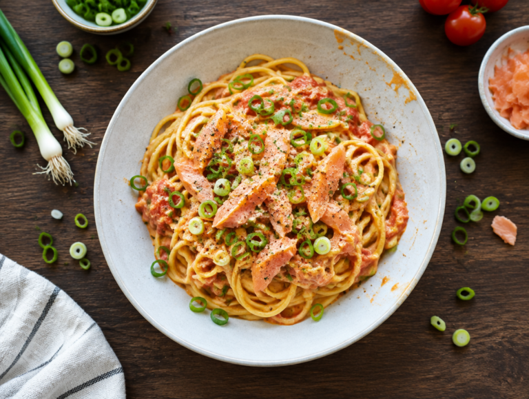 Spaghetti met Zalm, Tomaat en Bosui