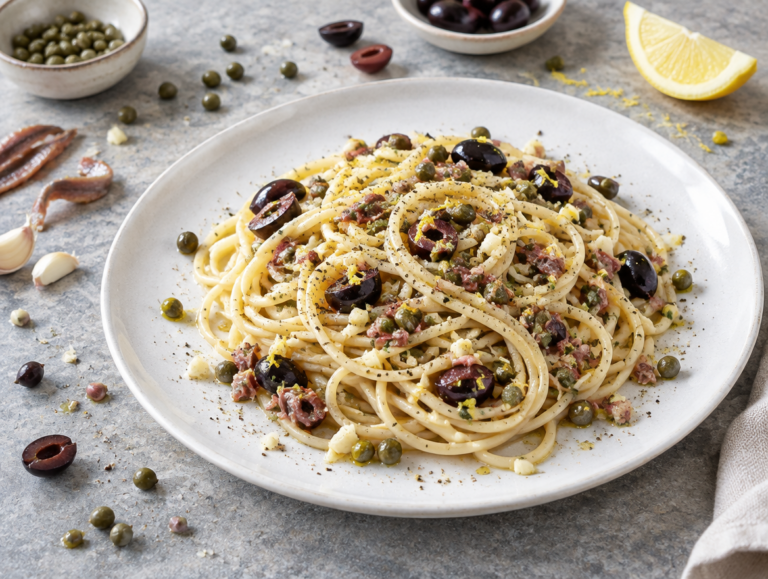 Koude spaghettisaus met kappertjes, olijven en citroen
