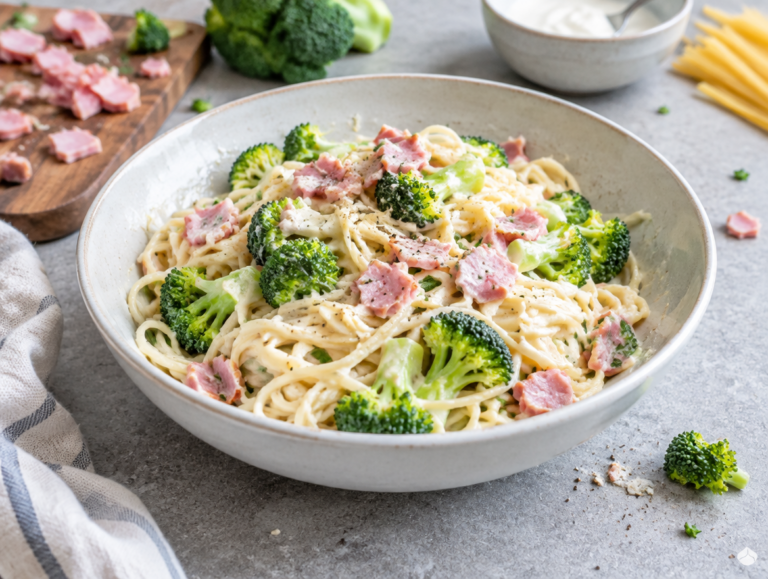 Spaghettini met broccoli en ham