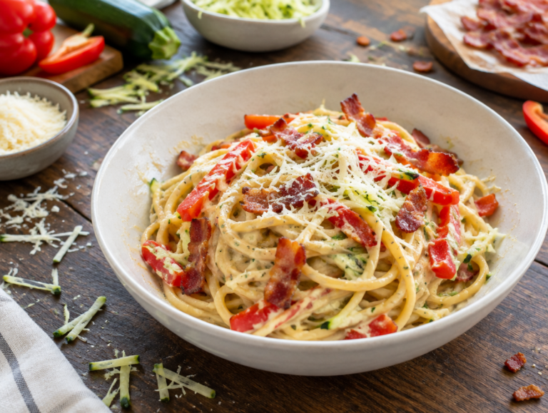 Spaghetti met courgette, paprika en bacon