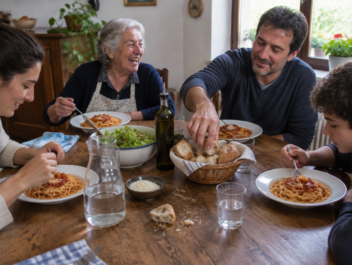 Italiaans gezin eet samen een klein bord spaghetti met tomatensaus