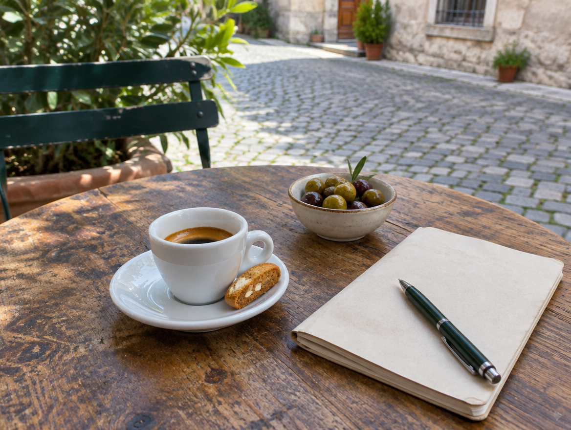 Espresso en olijven op een Italiaans caféterras