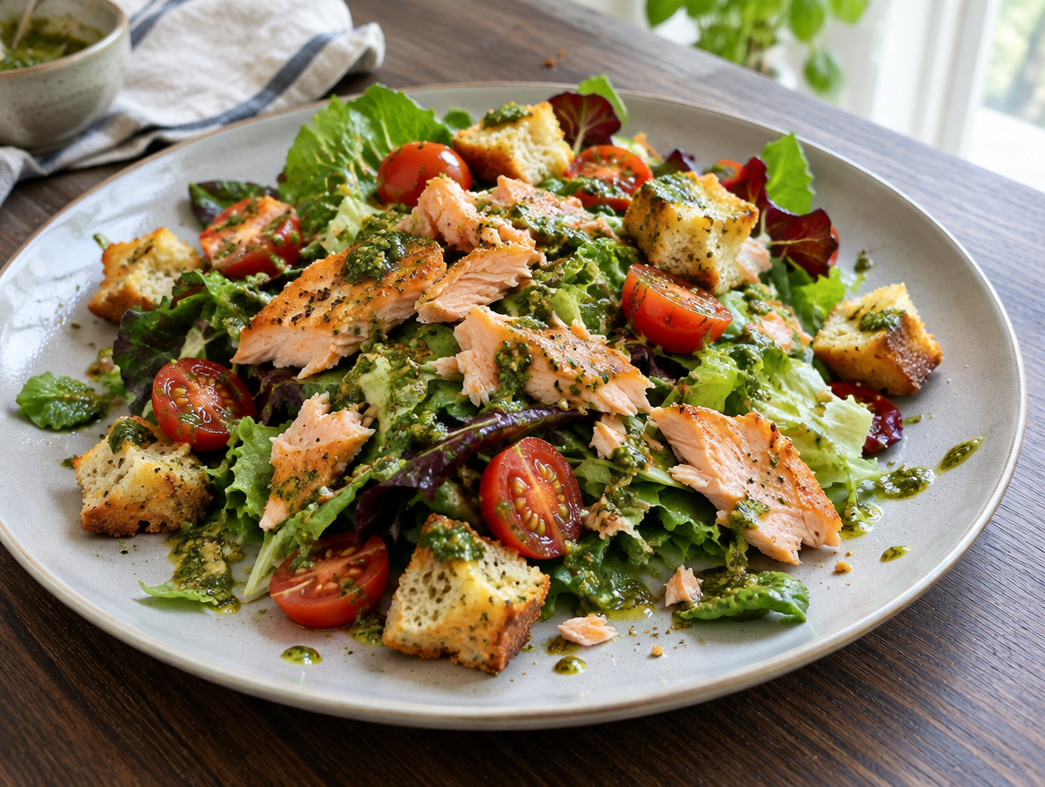 Italiaanse salade met gebakken zalmsnippers, cherrytomaatjes en croutons