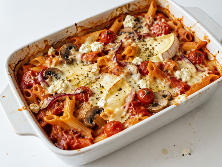 Kaaspasta met rode saus, feta en camembert