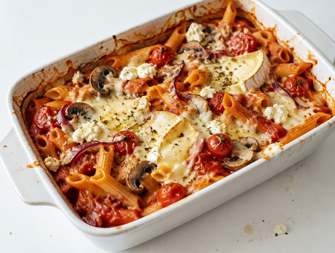 Kaaspasta met rode saus, feta en camembert