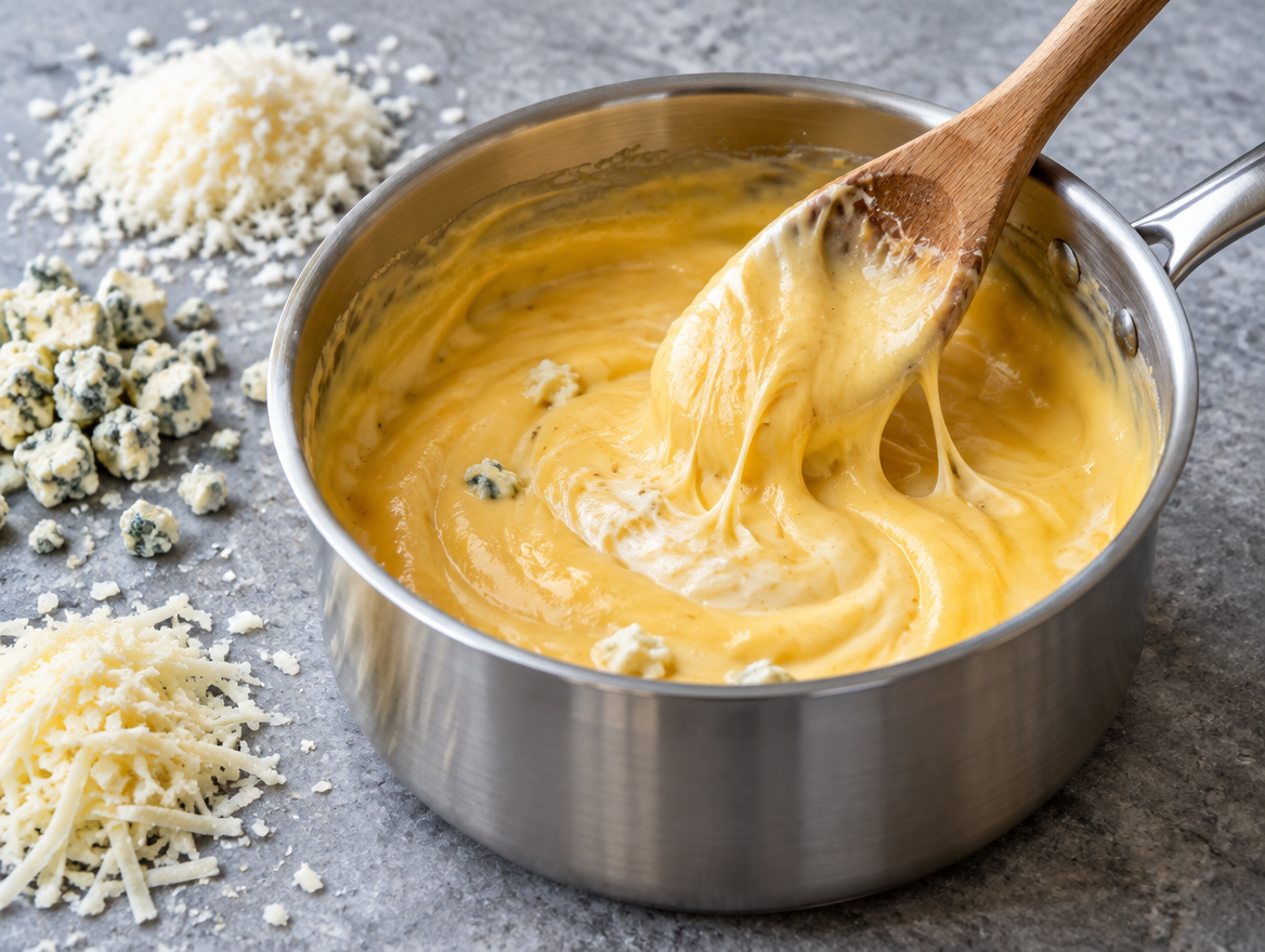 Kaassaus maken van vier kazen in een pan