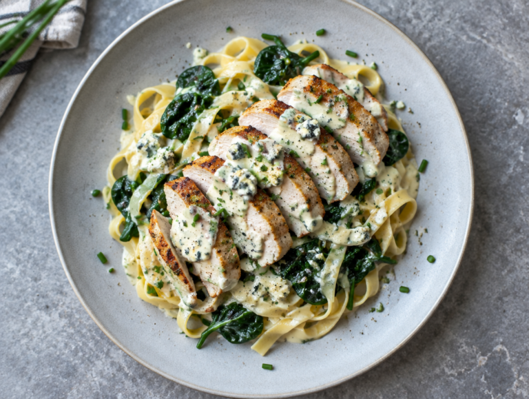 Kipfilet met roquefortsaus, pasta en spinazie