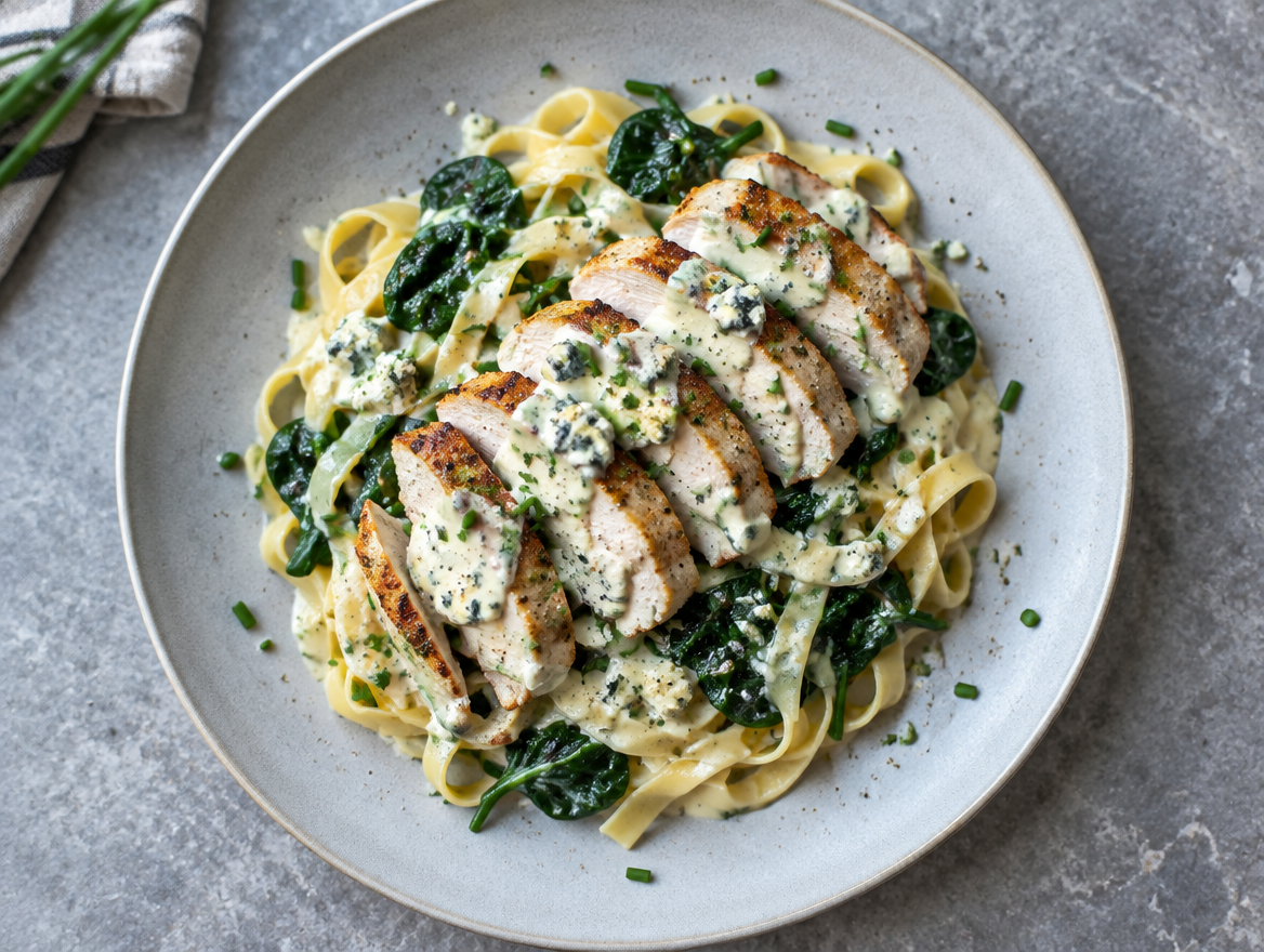 Kipfilet met roquefortsaus, pasta en spinazie