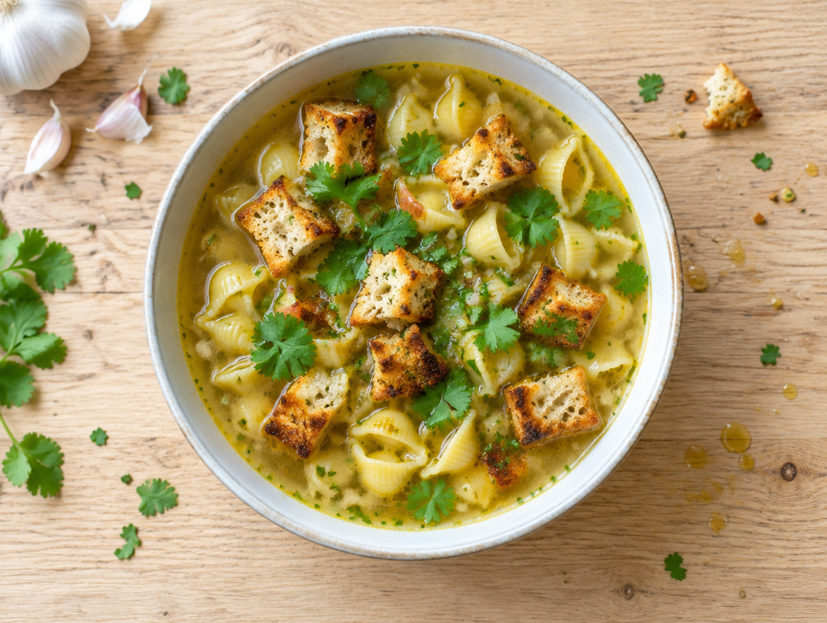 Knoflooksoep met pastaschelpjes