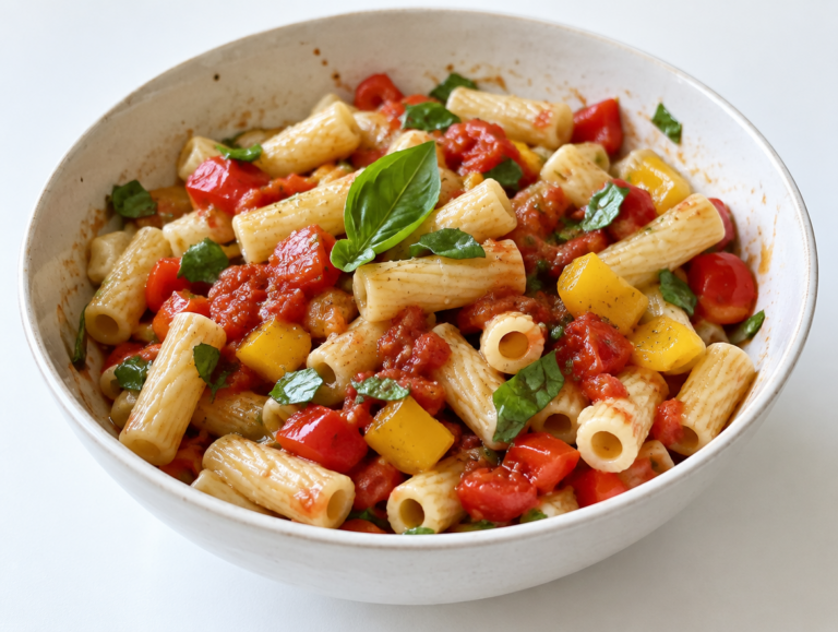 Koude pastasalade met basilicum en olijfolie