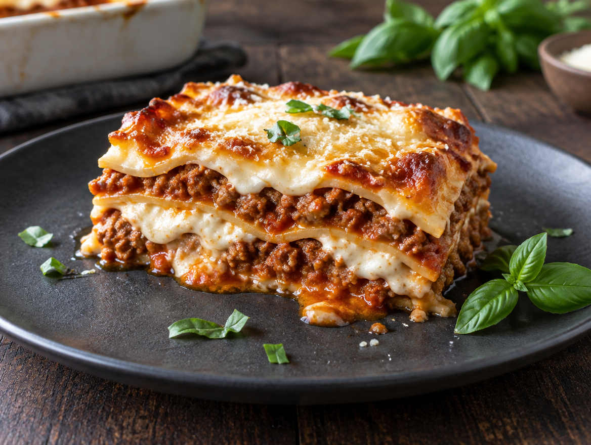 Lasagne bouwen met lagen ragù en bechamel