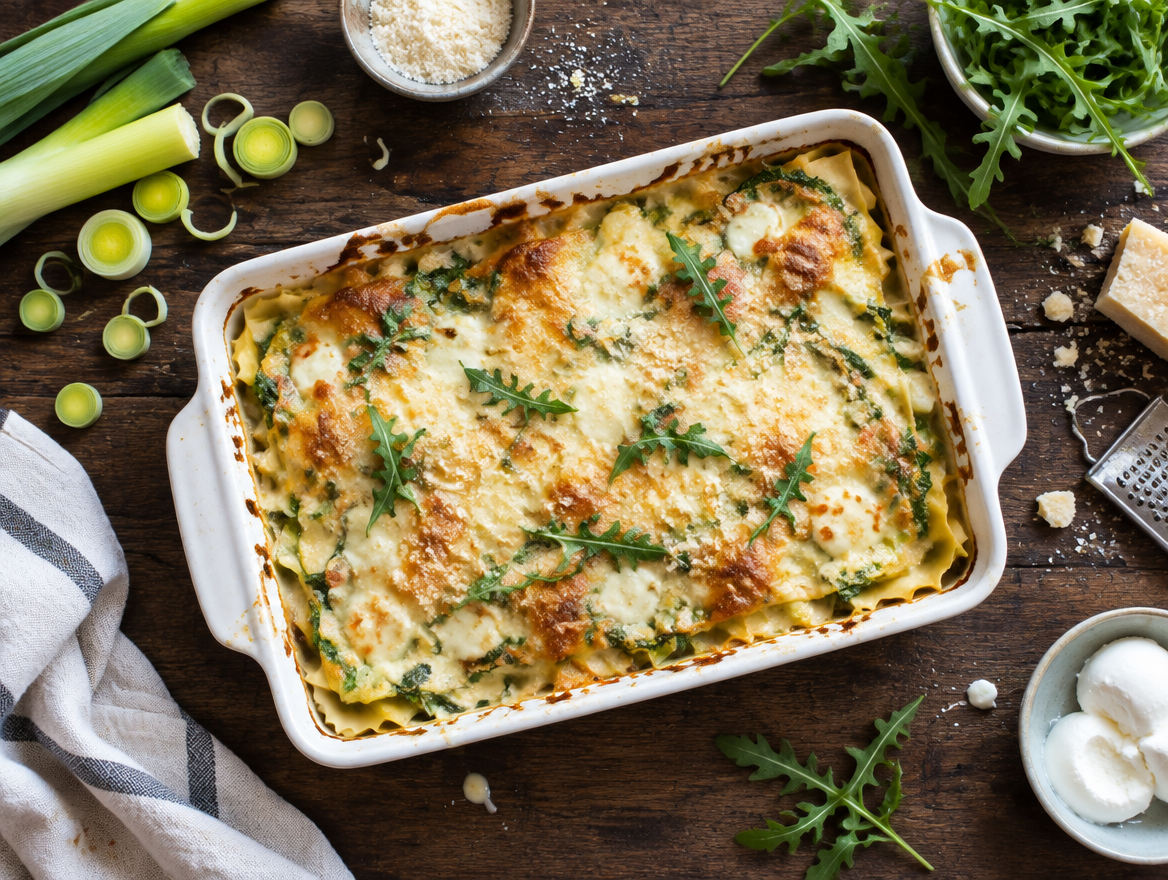 Lasagne met rucola en prei