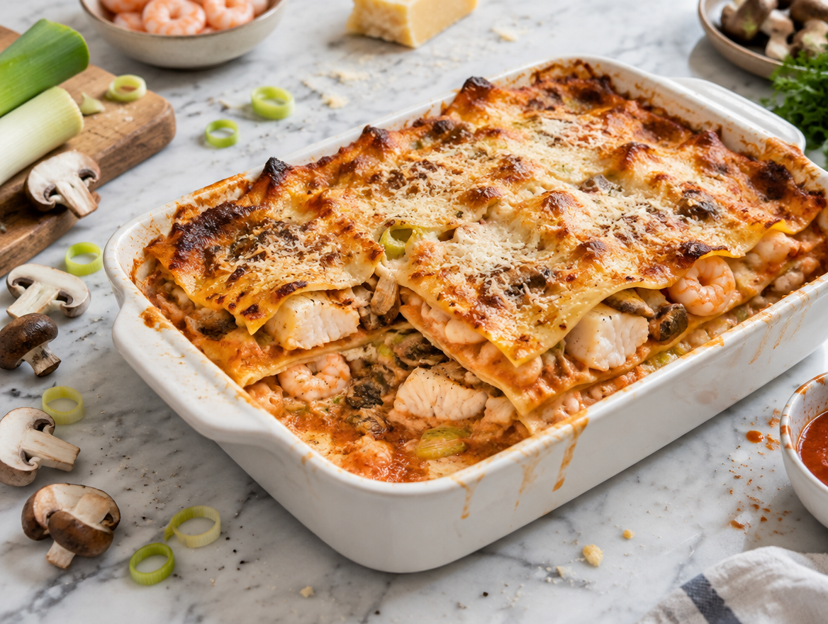 Lasagne met stukken vis