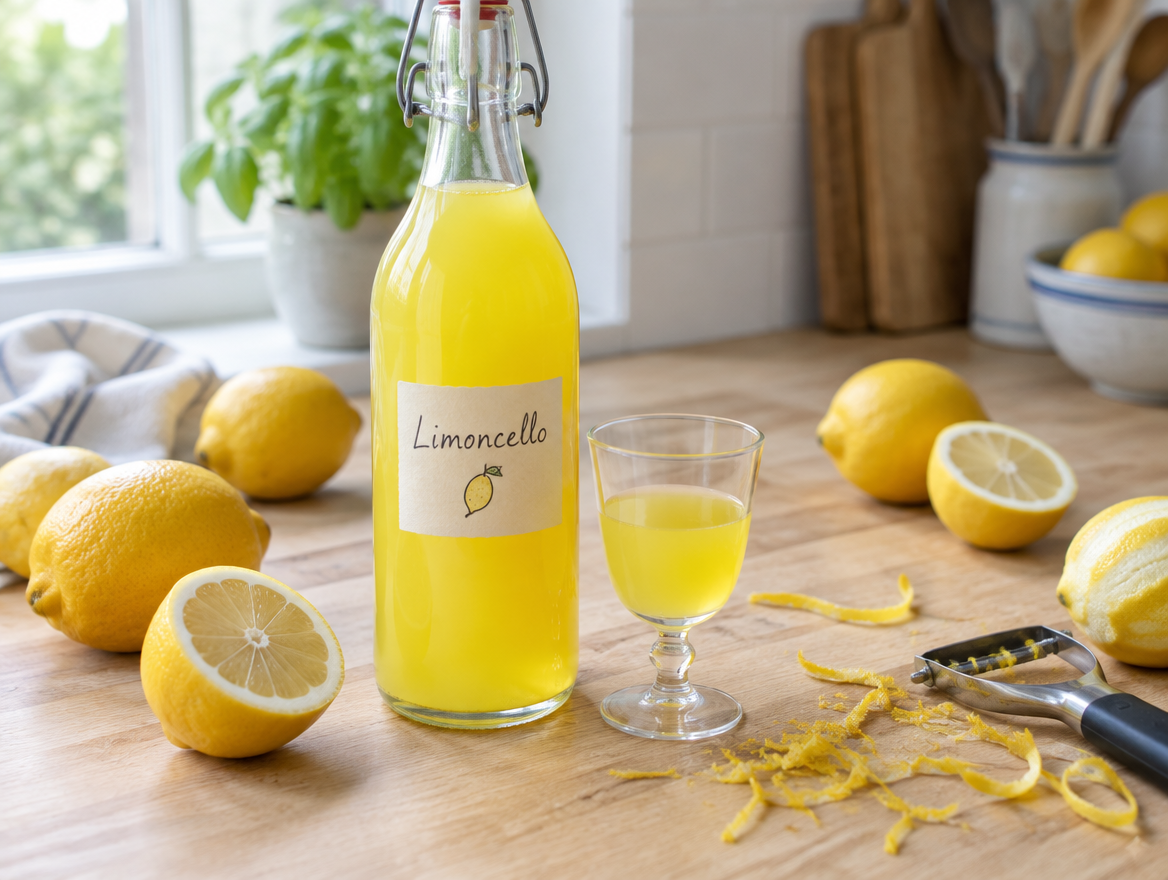 Zelfgemaakte limoncello met verse citroenen