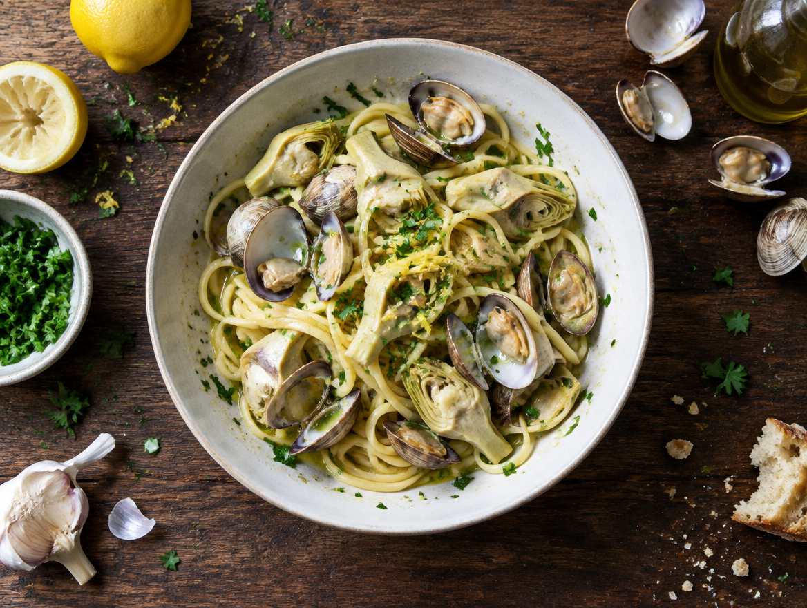 linguine met venusschelpen en artisjokken