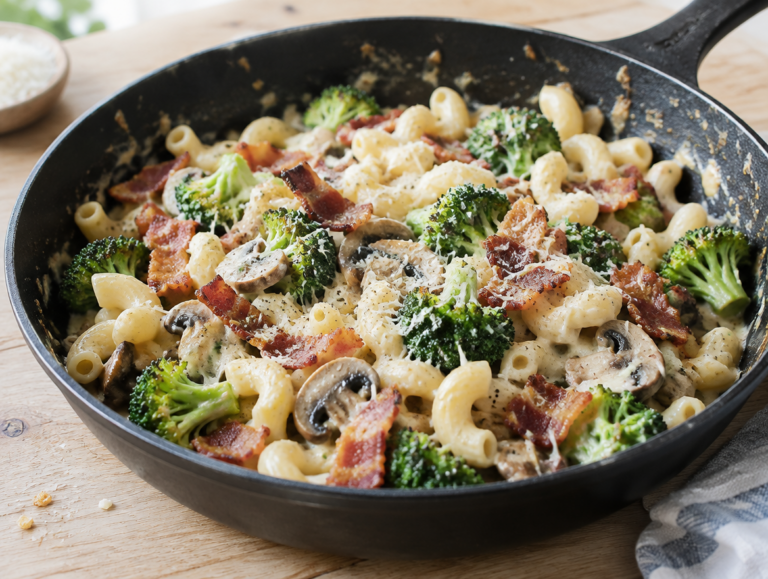 Macaroni met broccoli en spek