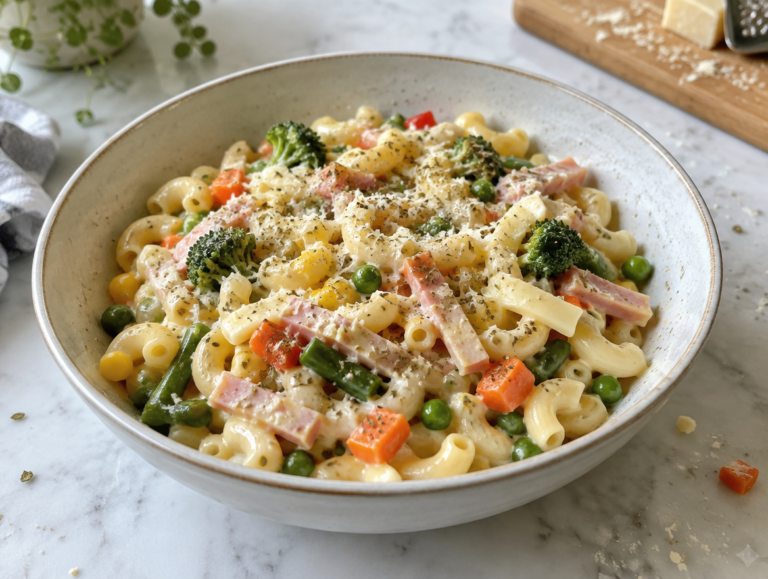 Macaroni met Italiaanse-groentemix en ham-kaasreepjes