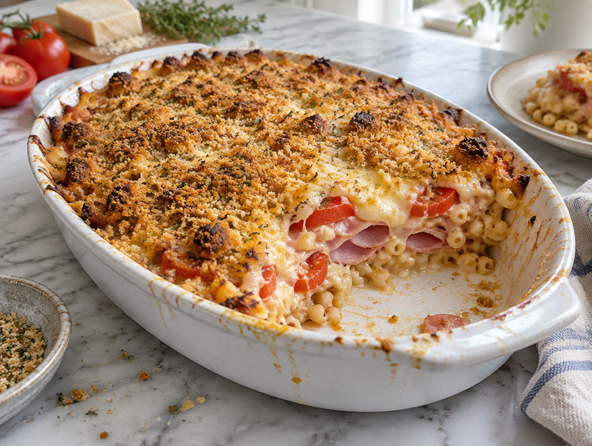 Macaroni ovenschotel met ham kaas en tomaten